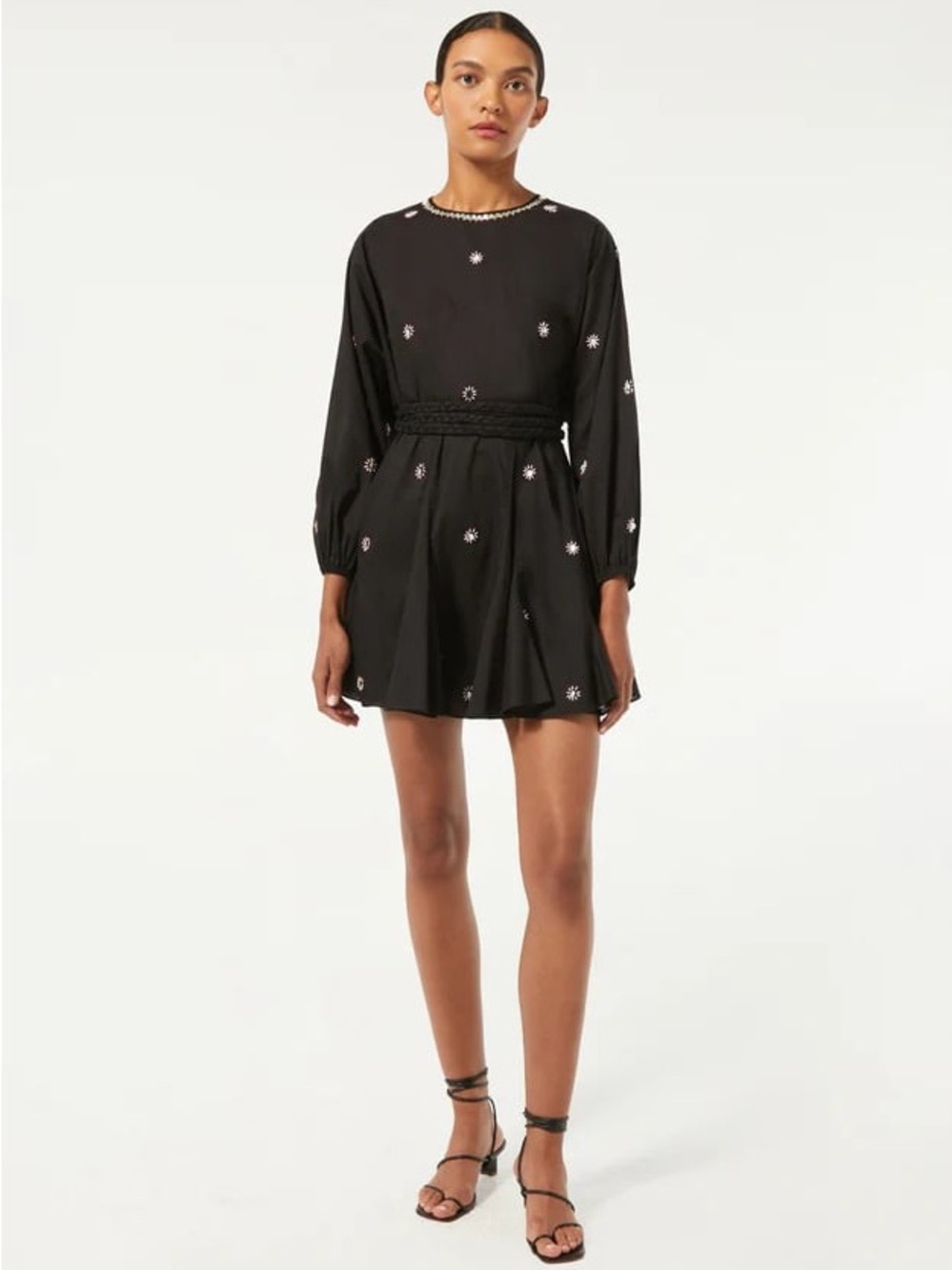 RHODE Resort Ella Marseille Applique Beaded Long Sleeve Mini Dress Black Size M